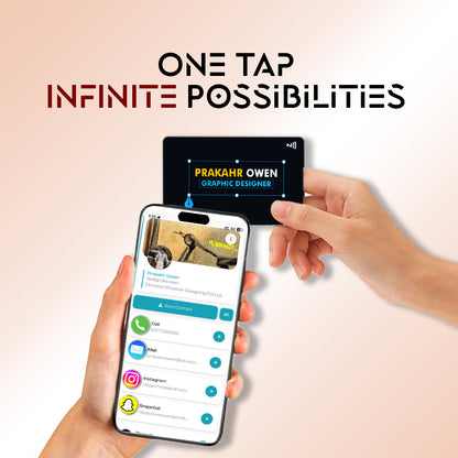 Two hands holding smartphones with profiles displayed, with text 'One Tap Infinite Possibilities' above.
