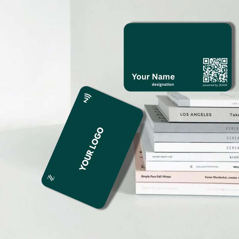 Two green business cards with customizable text on a card