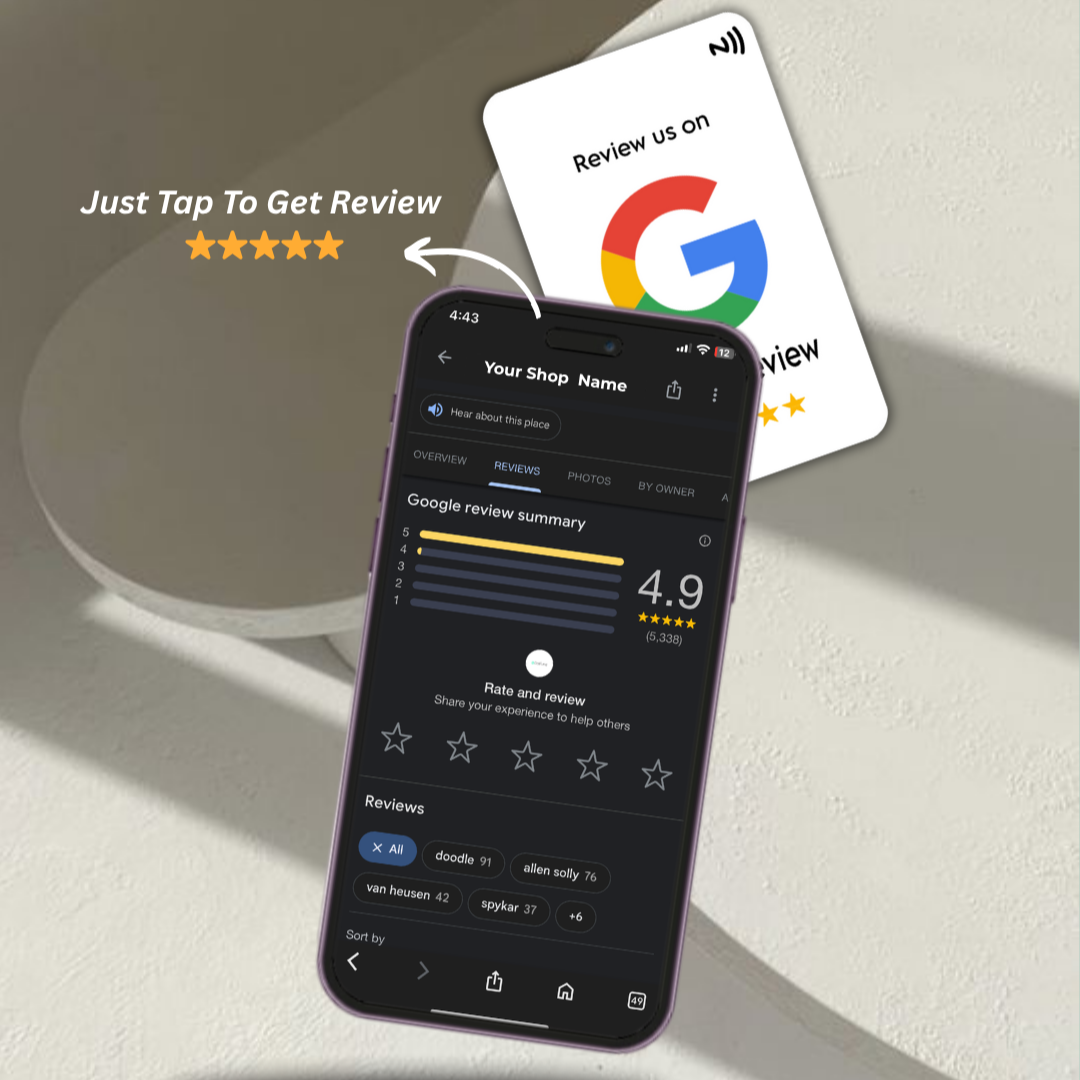 Phone displaying a review app with a five-star rating and a Google review card in the background.