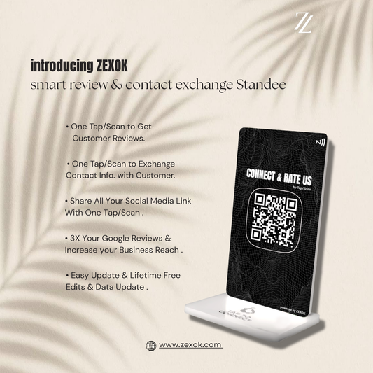 ZEXOK smart review & contact exchange standee with features listed on a beige background