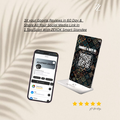 ZEXOK Smart Standee with smartphone displaying Google Reviews app on a beige background